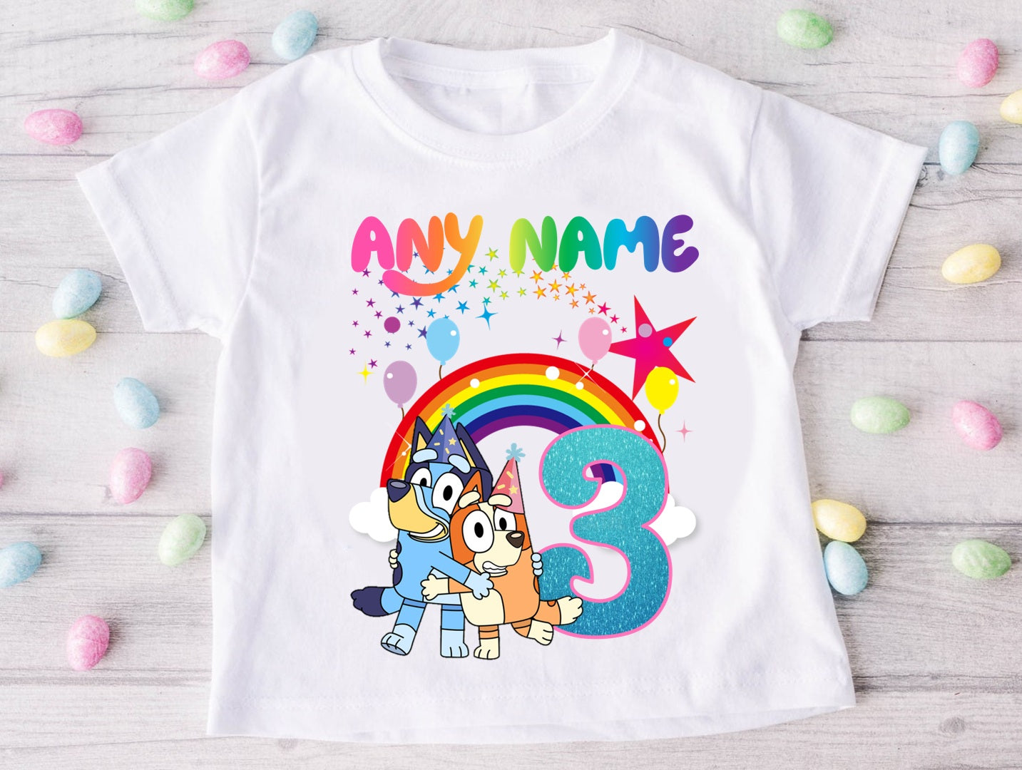 Bluey and Bingo Hug Personalized Custom White T-Shirt or Onesie Theme Cake Smash Birthday Party