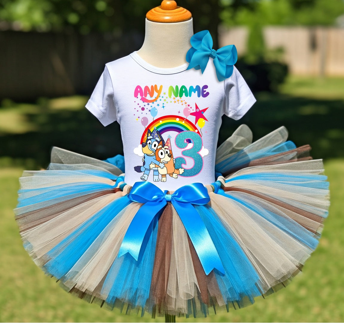 Bluey and Bingo Hug Tutu Set Girls Personalized Custom Brown Blue Ivory Tutu Outfit Dress Theme Cake Smash Birthday Party