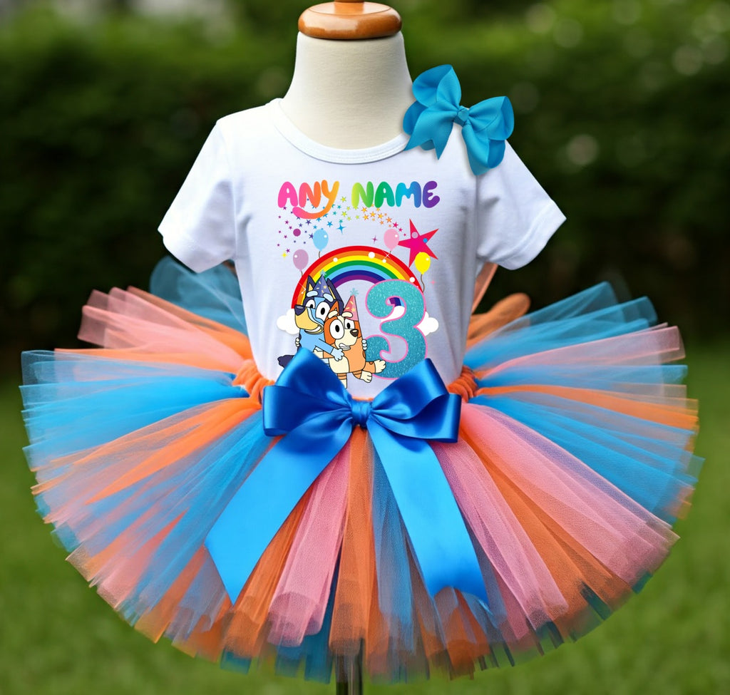 Bluey and Bingo Hug Tutu Set Girls Personalized Custom Orange Blue Pink Tutu Outfit Dress Theme Cake Smash Birthday Party