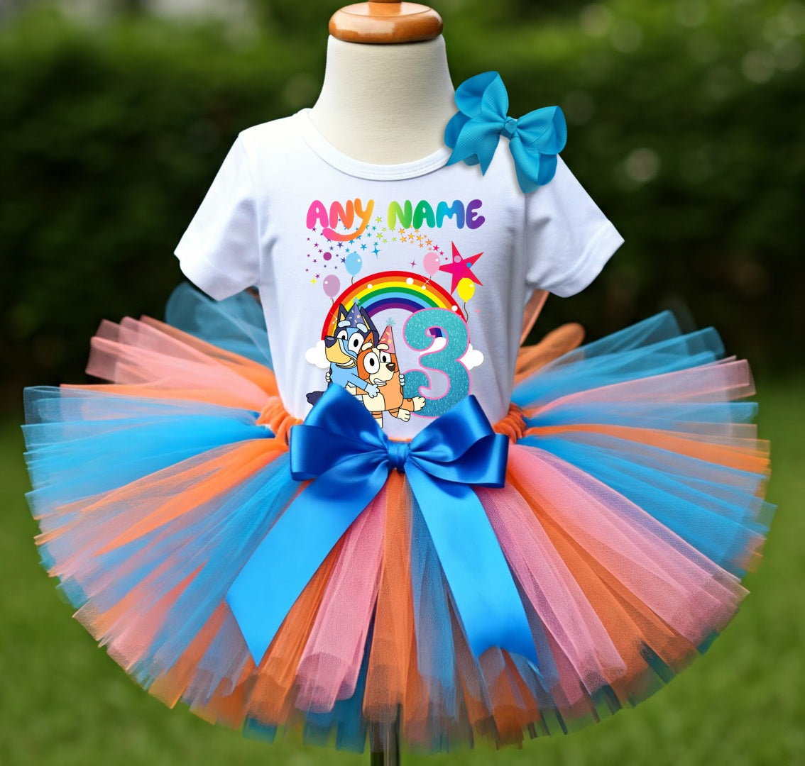Bluey and Bingo Hug Tutu Set Girls Personalized Custom Orange Blue Pink Tutu Outfit Dress Theme Cake Smash Birthday Party