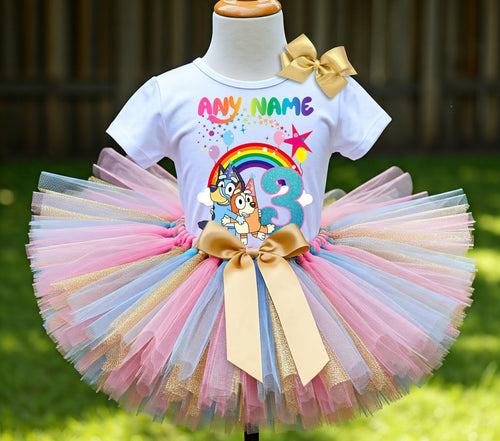 Bluey and Bingo Hug Tutu Set Girls Personalized Custom Gold Blue Pink Tutu Outfit Dress Theme Cake Smash Birthday Party