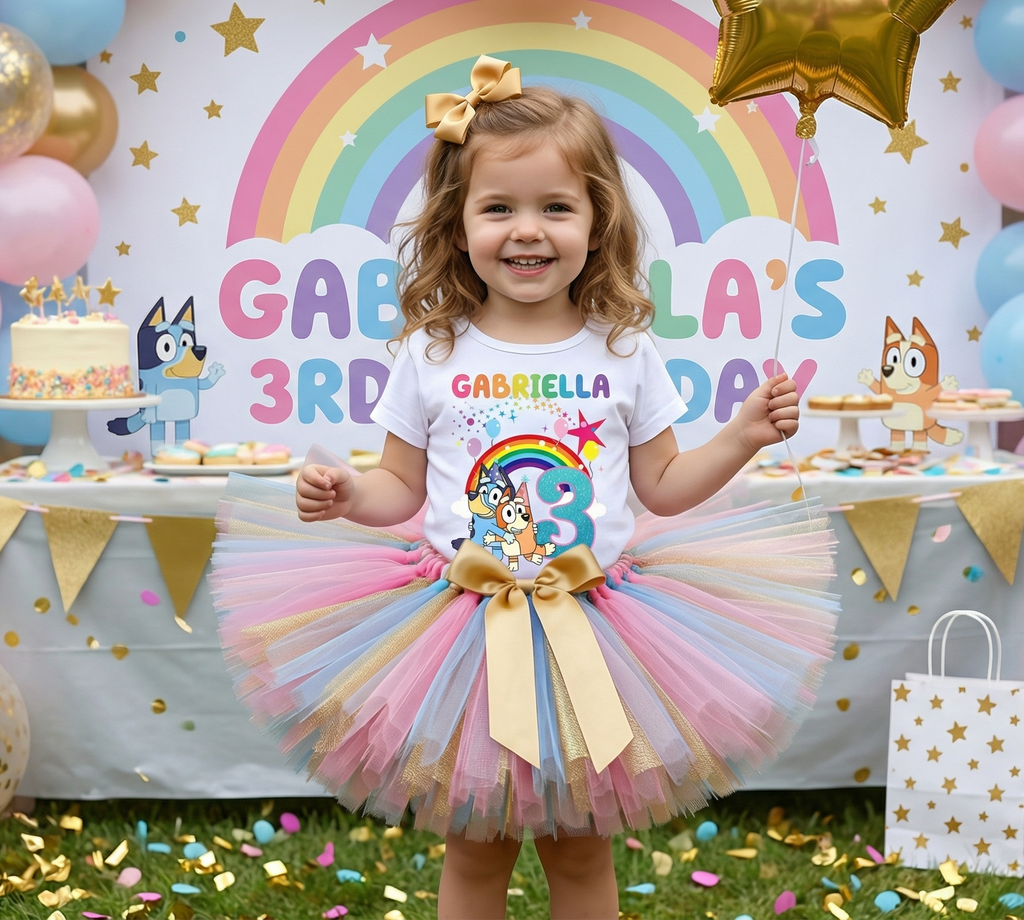 Bluey and Bingo Hug Tutu Set Girls Personalized Custom Gold Blue Pink Tutu Outfit Dress Theme Cake Smash Birthday Party