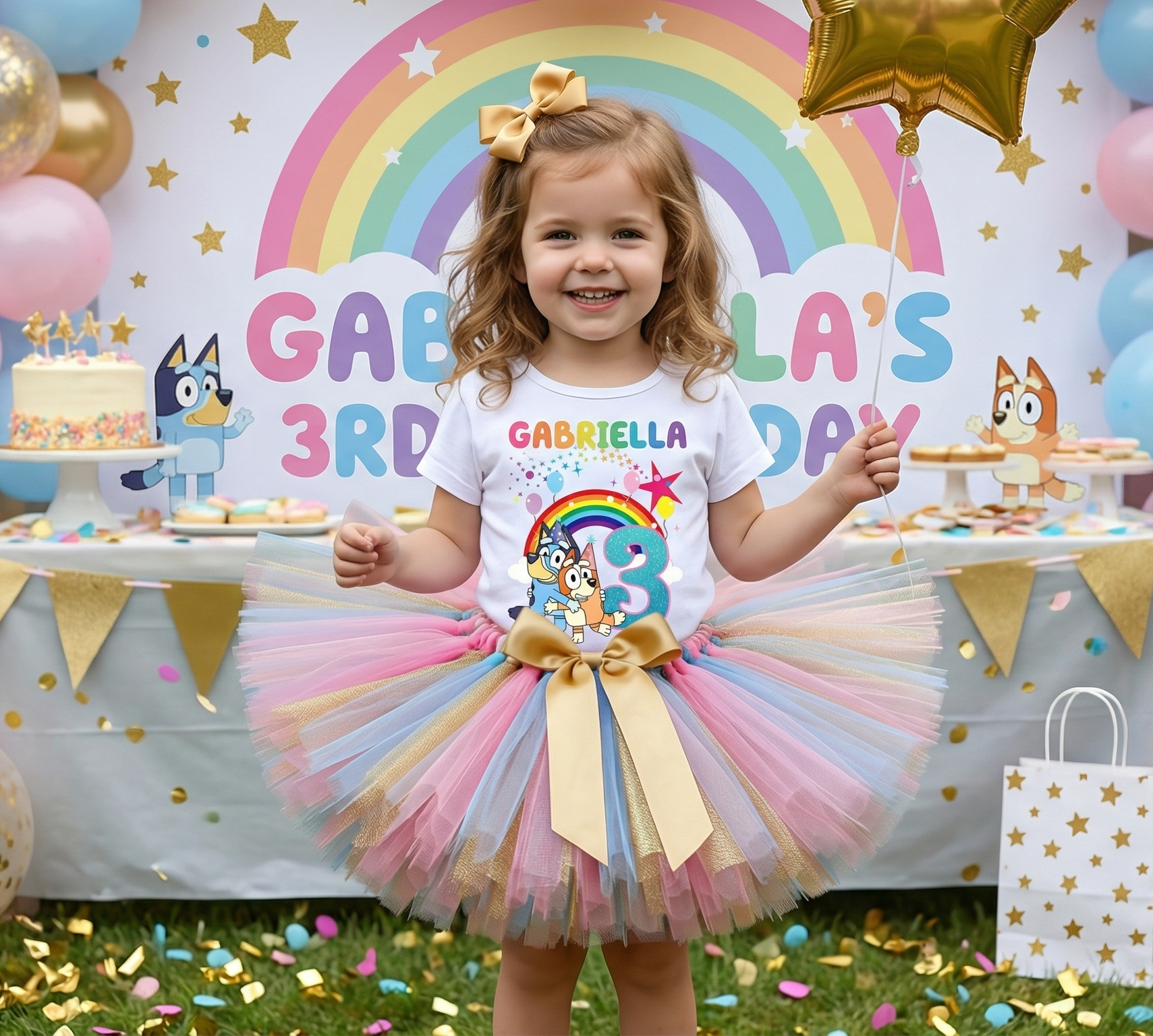 Bluey and Bingo Hug Tutu Set Girls Personalized Custom Gold Blue Pink Tutu Outfit Dress Theme Cake Smash Birthday Party