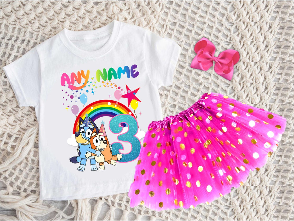 Bluey and Bingo Hug Tutu Set Girls Personalized Custom Hot Pink Gold Polka Dots Tutu Outfit Dress Theme Cake Smash Birthday Party
