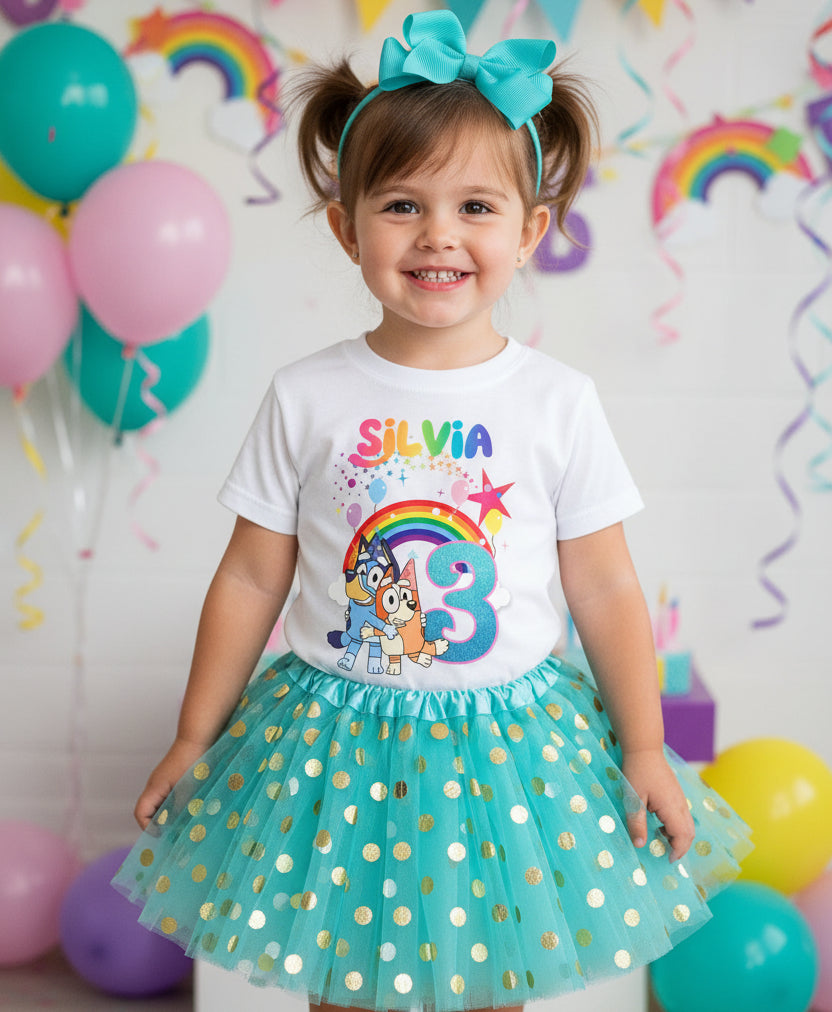 Bluey and Bingo Hug Tutu Set Girls Personalized Custom Aqua Blue Gold Polka Dots Tutu Outfit Dress Theme Cake Smash Birthday Party