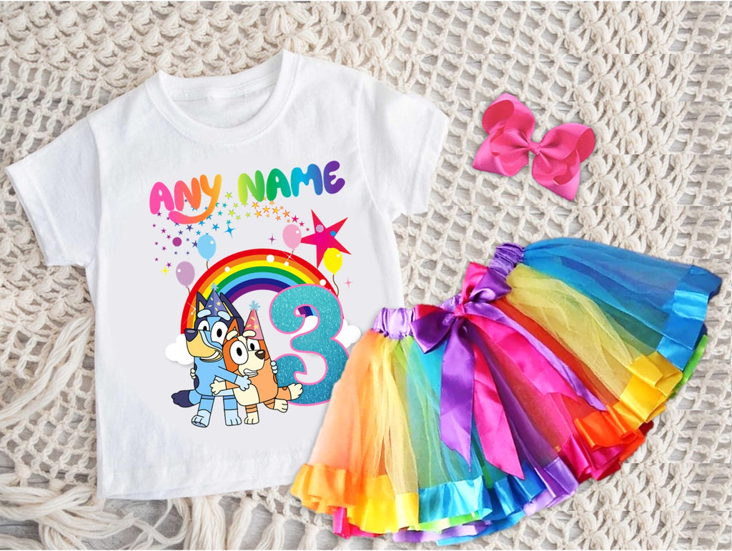 Bluey and Bingo Hug Tutu Set Girls Personalized Custom Rainbow Ribbon Tutu Outfit Dress Theme Cake Smash Birthday Party