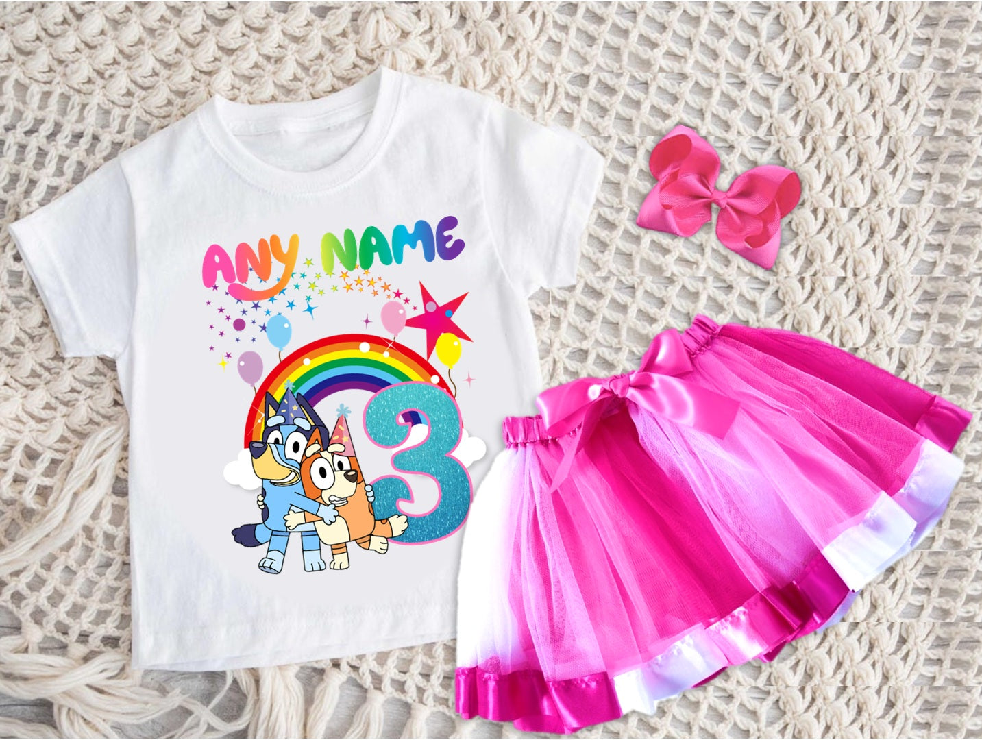 Bluey and Bingo Hug Tutu Set Girls Personalized Custom Hot Pink White Pink Ribbon Tutu Outfit Dress Theme Cake Smash Birthday Party