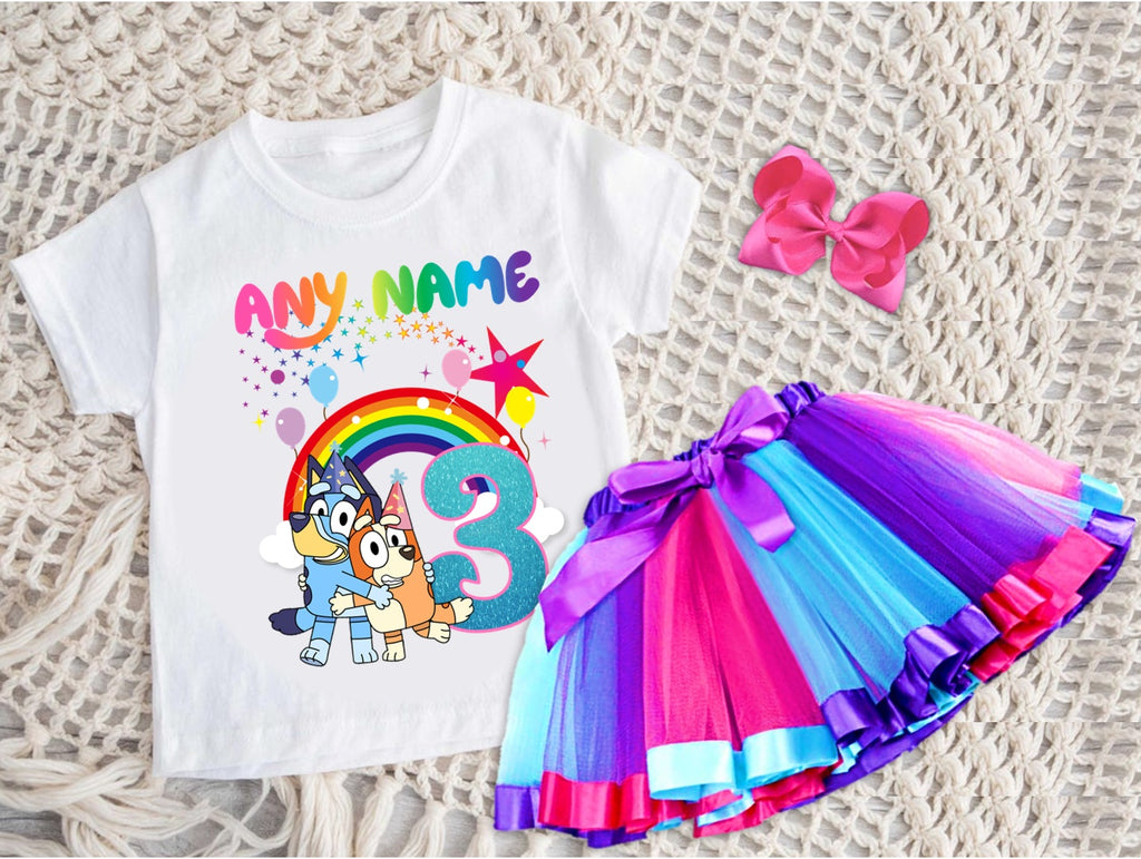 Bluey and Bingo Hug Tutu Set Girls Personalized Custom Hot Pink Blue Purple Ribbon Tutu Outfit Dress Theme Cake Smash Birthday Party