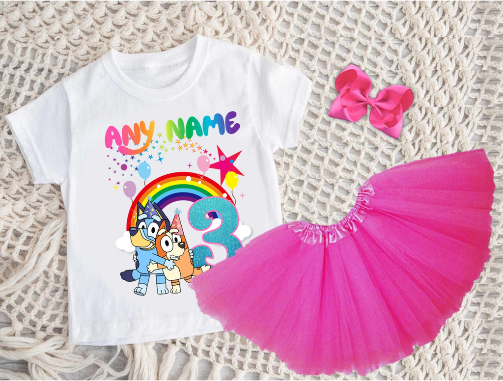 Bluey and Bingo Hug Tutu Set Girls Personalized Custom Hot Pink 3 Layer Tutu Outfit Dress Theme Cake Smash Birthday Party
