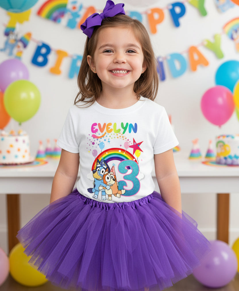 Bluey and Bingo Hug Tutu Set Girls Personalized Custom Purple 3 Layer Tutu Outfit Dress Theme Cake Smash Birthday Party