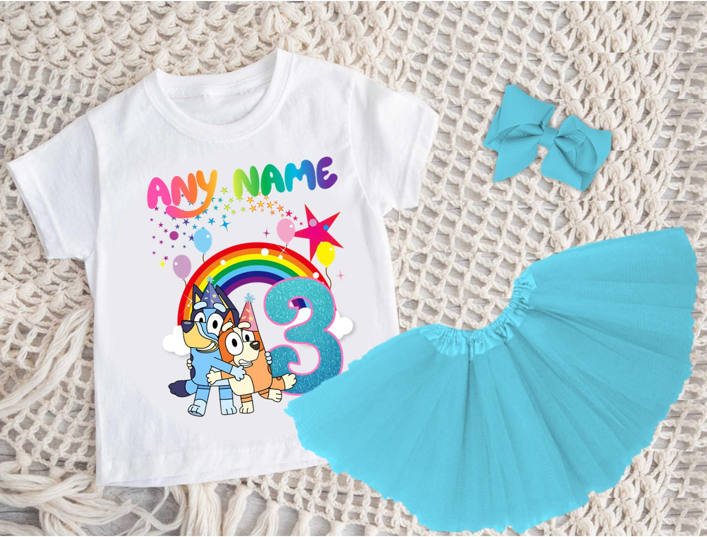 Bluey and Bingo Hug Tutu Set Girls Personalized Custom Blue 3 Layer Tutu Outfit Dress Theme Cake Smash Birthday Party