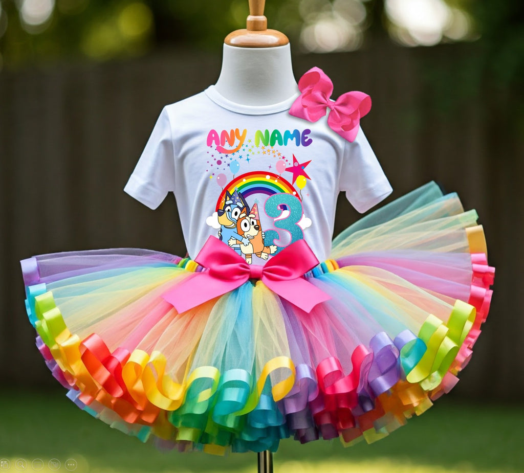 Bluey and Bingo Hug Tutu Set Girls Personalized Custom Rainbow Ribbon Sewn Trim Tutu Outfit Dress Theme Cake Smash Birthday Party