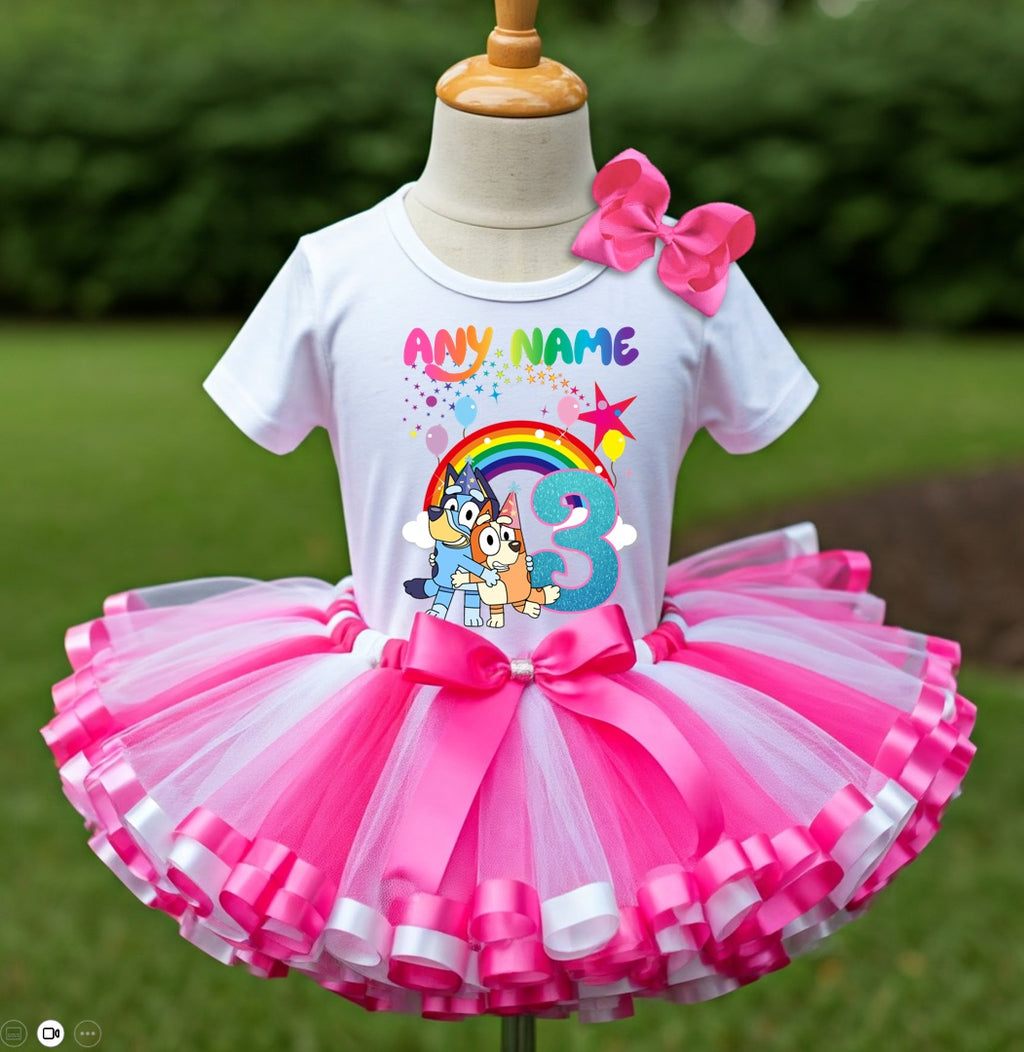Bluey and Bingo Hug Tutu Set Girls Personalized Custom Hot Pink White Pink Ribbon Sewn Trim Tutu Outfit Dress Theme Cake Smash Birthday Party