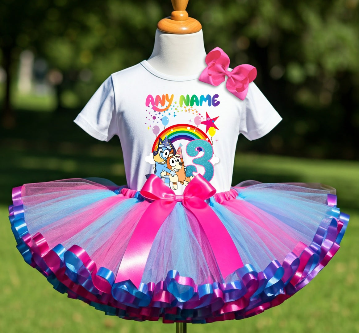 Bluey and Bingo Hug Tutu Set Girls Personalized Custom Hot Pink Blue Purple Ribbon Sewn Trim Tutu Outfit Dress Theme Cake Smash Birthday Party