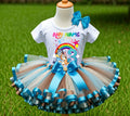 Bluey and Bingo Hug Tutu Set Girls Personalized Custom Ivory Blue Brown Ribbon Sewn Trim Tutu Outfit Dress Theme Cake Smash Birthday Party