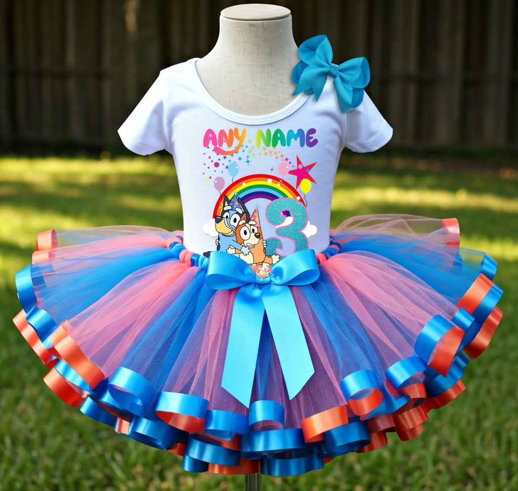 Bluey and Bingo Hug Tutu Set Girls Personalized Custom Pink Blue Orange Ribbon Sewn Trim Tutu Outfit Dress Theme Cake Smash Birthday Party