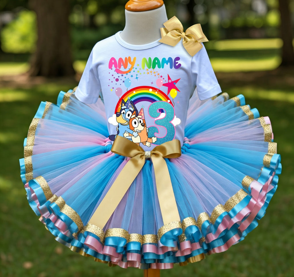 Bluey and Bingo Hug Tutu Set Girls Personalized Custom Pink Blue Gold Ribbon Sewn Trim Tutu Outfit Dress Theme Cake Smash Birthday Party