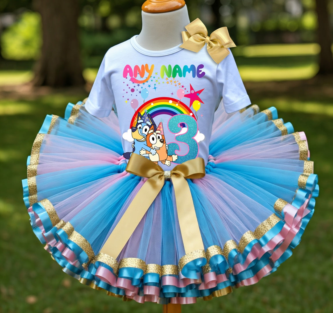 Bluey and Bingo Hug Tutu Set Girls Personalized Custom Pink Blue Gold Ribbon Sewn Trim Tutu Outfit Dress Theme Cake Smash Birthday Party