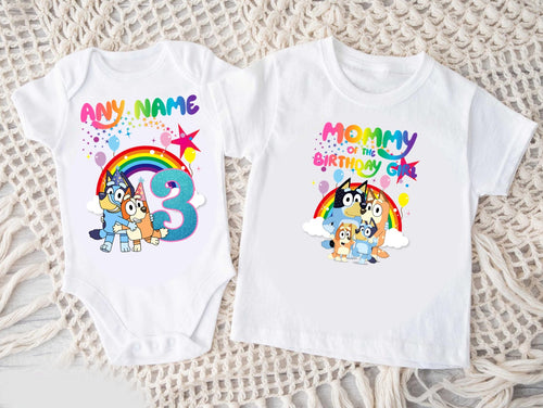 Bluey and Bingo Hug Personalized Custom White Family T-Shirt or Onesie Pack Theme Cake Smash Birthday Party