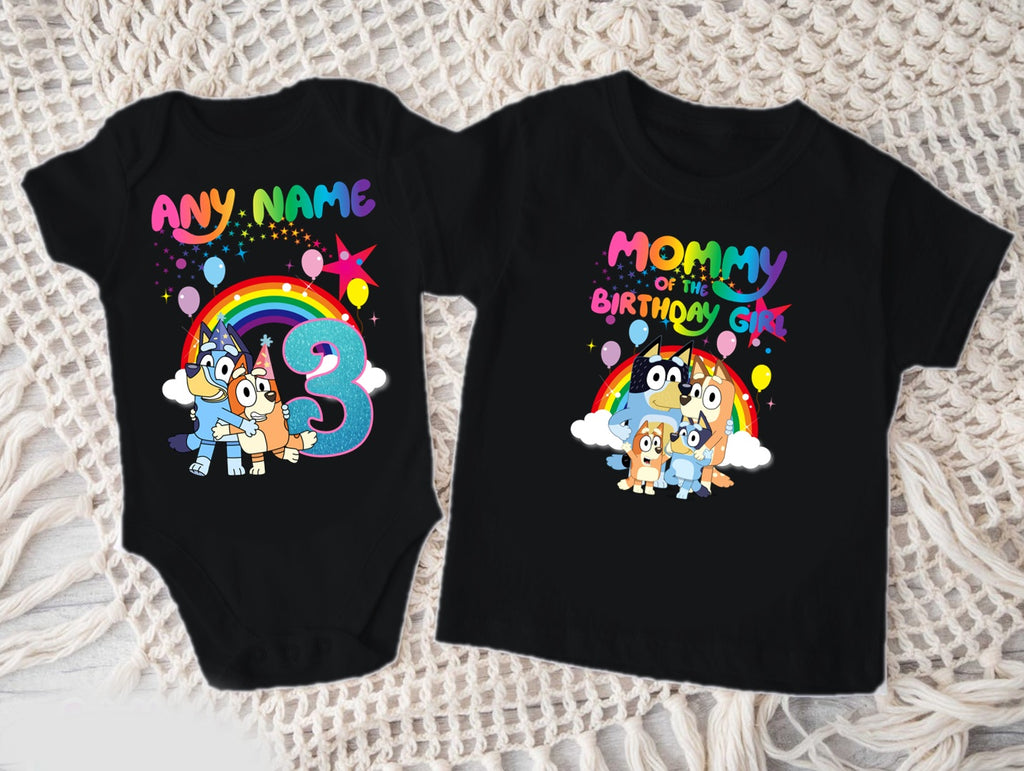 Bluey and Bingo Hug Personalized Custom Black Family T-Shirt or Onesie Pack Theme Cake Smash Birthday Party