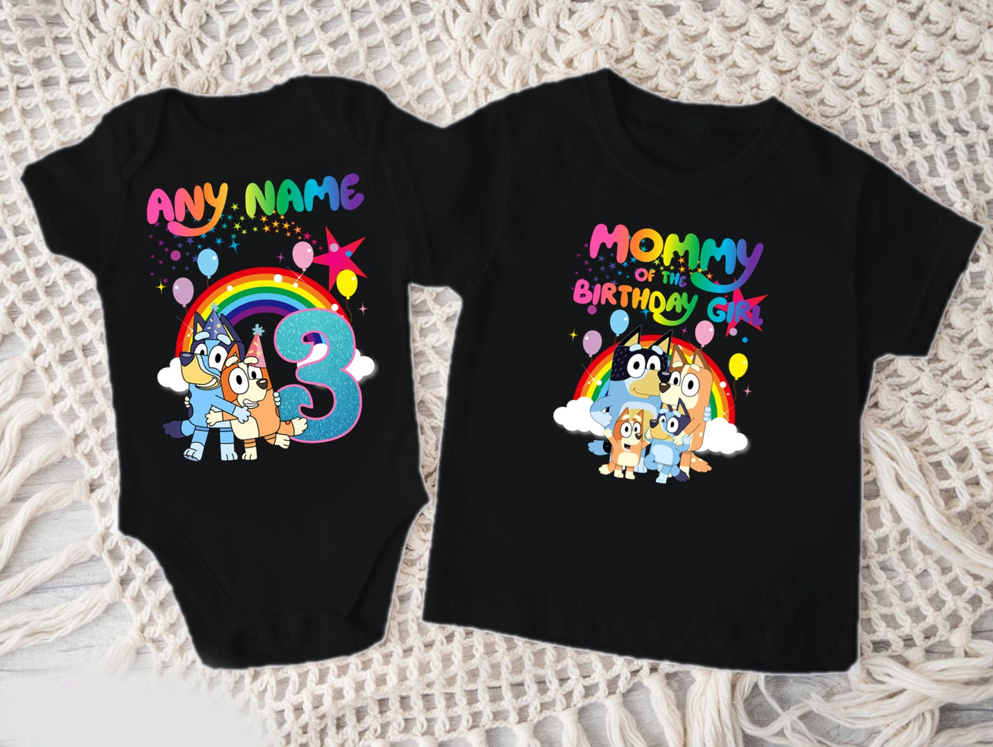 Bluey and Bingo Hug Personalized Custom Black Family T-Shirt or Onesie Pack Theme Cake Smash Birthday Party