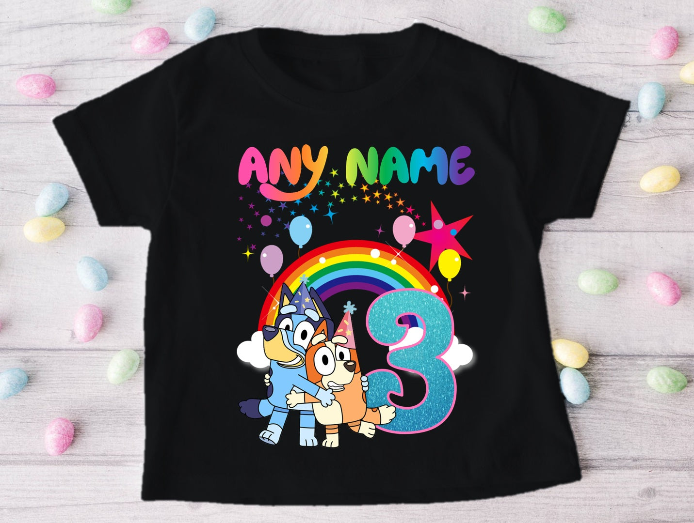Bluey and Bingo Hug Personalized Custom Black T-Shirt or Onesie Theme Cake Smash Birthday Party