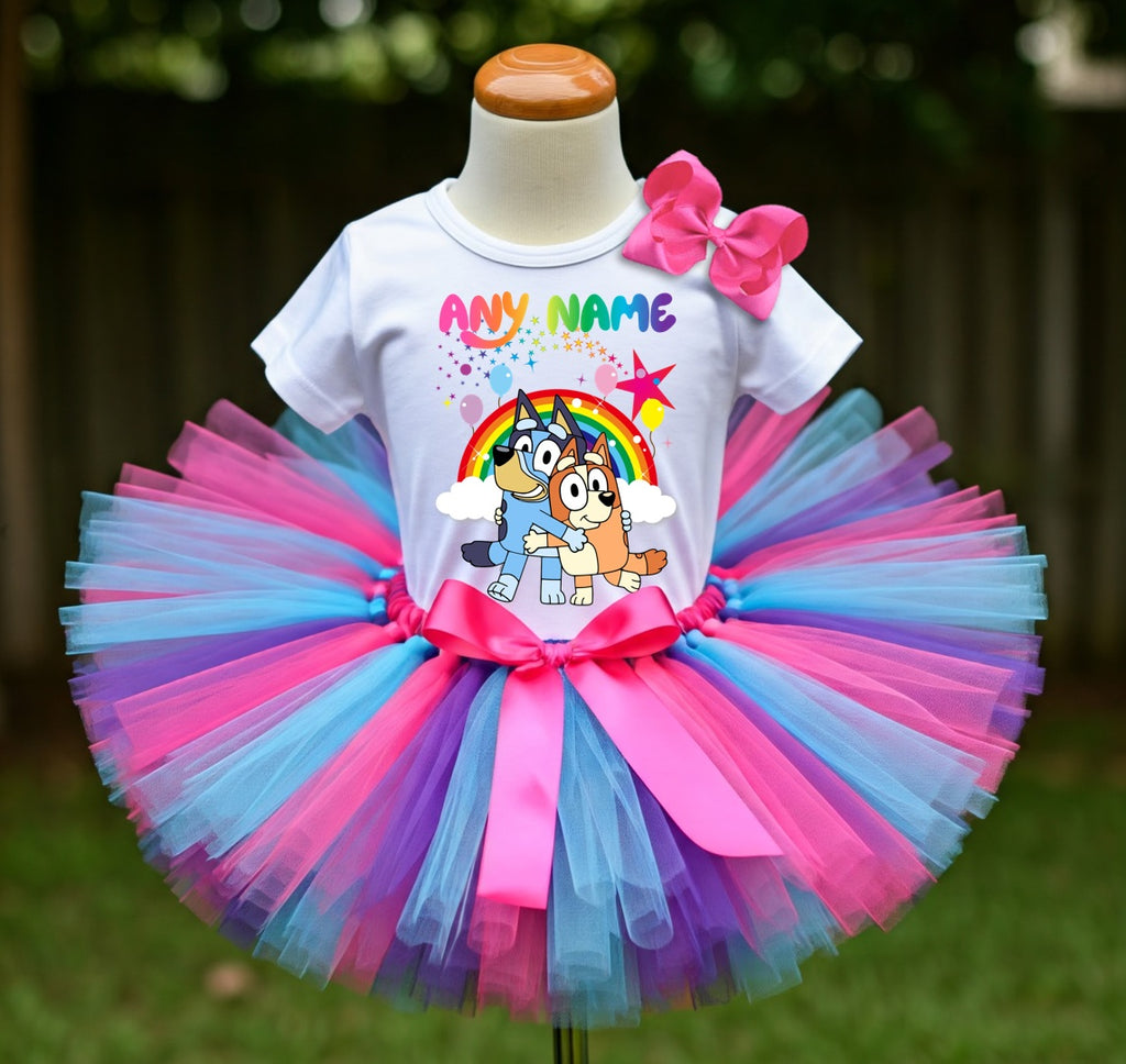 Bluey and Bingo Hug Tutu Set Girls Personalized Custom Hot Pink Blue Purple Tutu Outfit Dress Theme Cake Smash Birthday Party