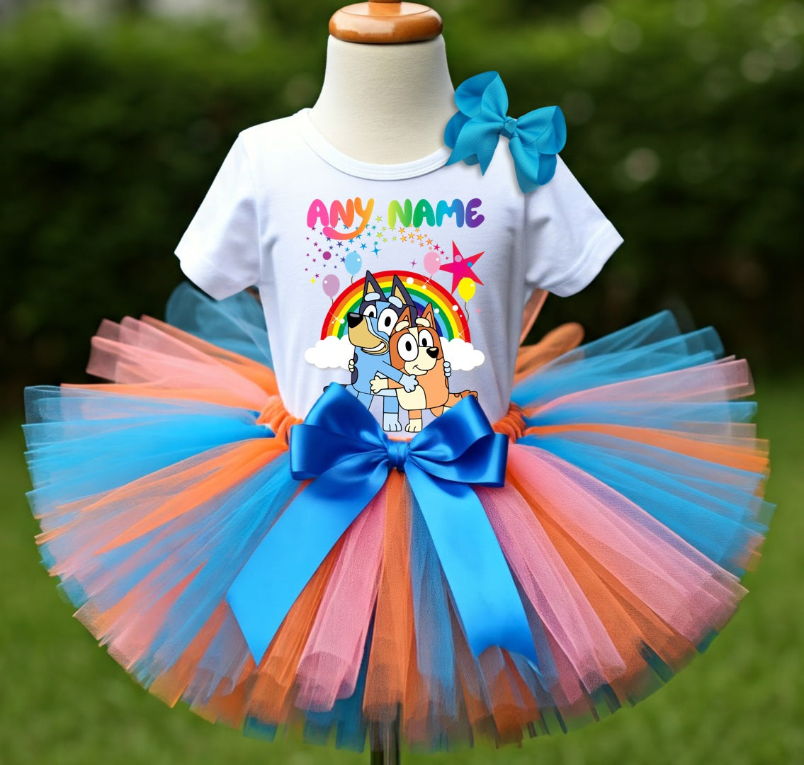 Bluey and Bingo Hug Tutu Set Girls Personalized Custom Orange Blue Pink Tutu Outfit Dress Theme Cake Smash Birthday Party