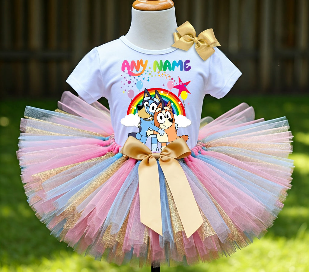 Bluey and Bingo Hug Tutu Set Girls Personalized Custom Gold Blue Pink Tutu Outfit Dress Theme Cake Smash Birthday Party
