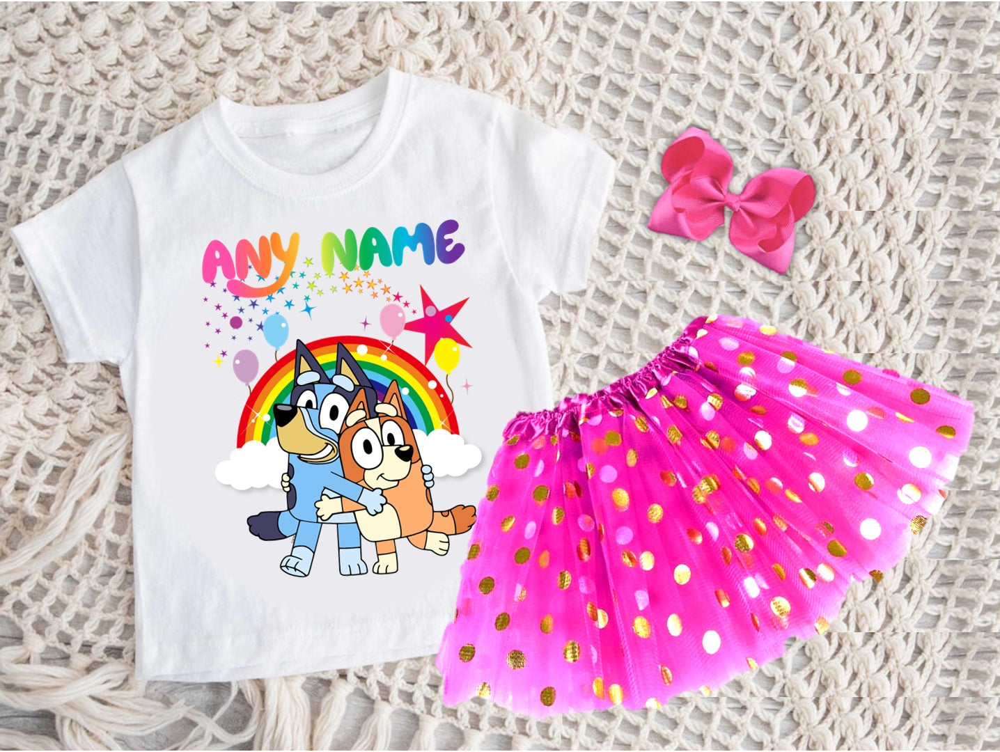 Bluey and Bingo Hug Tutu Set Girls Personalized Custom Hot Pink Gold Polka Dots Tutu Outfit Dress Theme Cake Smash Party