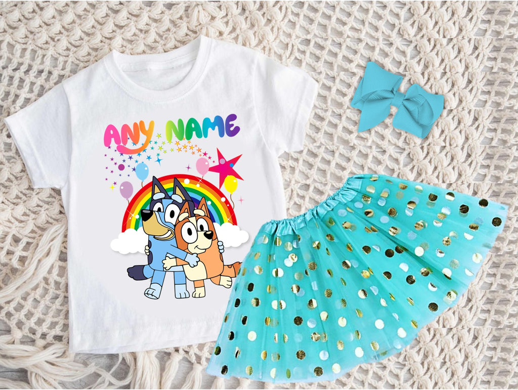 Bluey and Bingo Hug Tutu Set Girls Personalized Custom Aqua Blue Gold Polka Dots Tutu Outfit Dress Theme Cake Smash Party