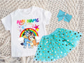 Bluey and Bingo Hug Tutu Set Girls Personalized Custom Aqua Blue Gold Polka Dots Tutu Outfit Dress Theme Cake Smash Party