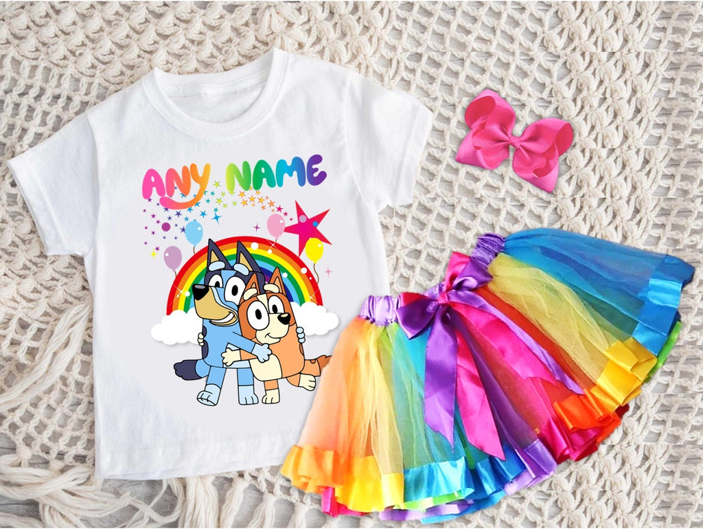 Bluey and Bingo Hug Tutu Set Girls Personalized Custom Rainbow Ribbon Tutu Outfit Dress Theme Cake Smash Party