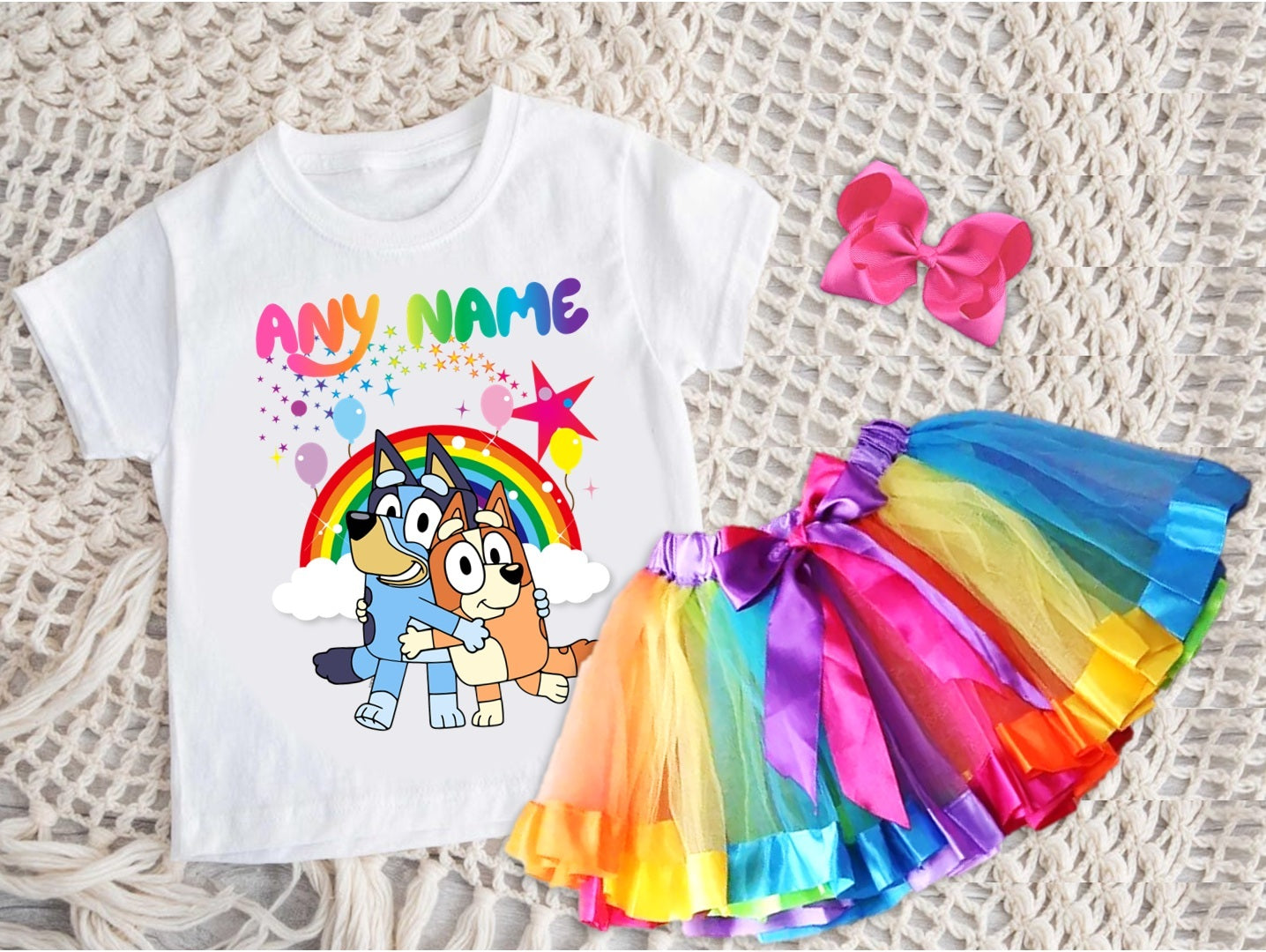 Bluey and Bingo Hug Tutu Set Girls Personalized Custom Rainbow Ribbon Tutu Outfit Dress Theme Cake Smash Party