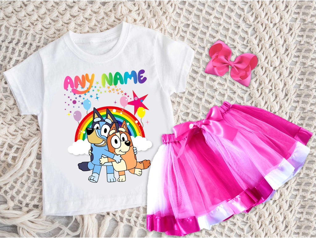 Bluey and Bingo Hug Tutu Set Girls Personalized Custom Hot Pink White Pink Ribbon Tutu Outfit Dress Theme Cake Smash Party