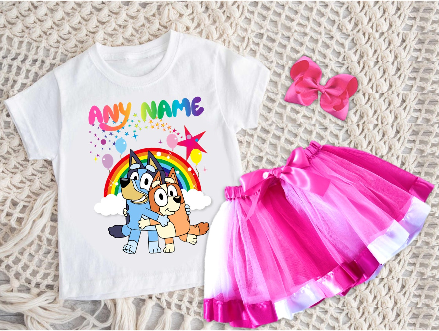 Bluey and Bingo Hug Tutu Set Girls Personalized Custom Hot Pink White Pink Ribbon Tutu Outfit Dress Theme Cake Smash Party