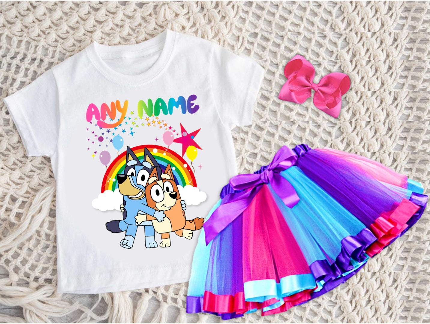 Bluey and Bingo Hug Tutu Set Girls Personalized Custom Hot Pink Blue Purple Ribbon Tutu Outfit Dress Theme Cake Smash Party