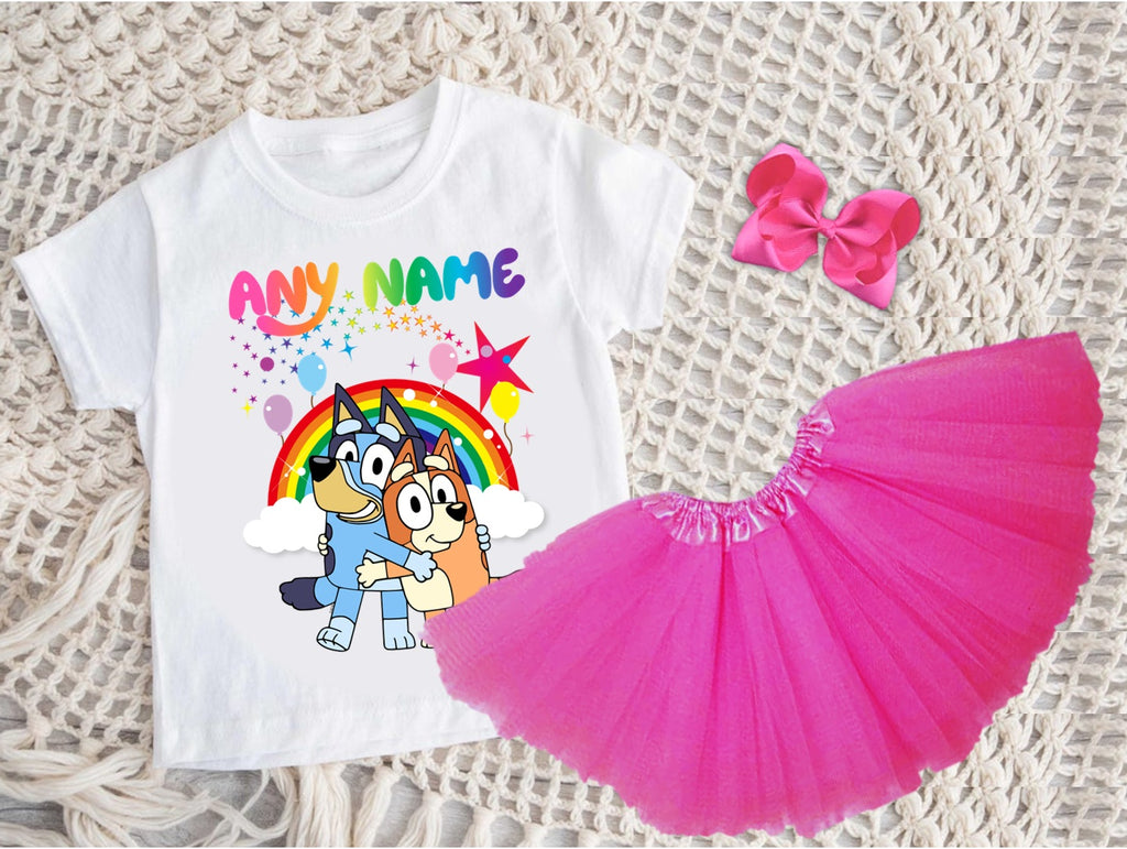Bluey and Bingo Hug Tutu Set Girls Personalized Custom Hot Pink 3 Layer Tutu Outfit Dress Theme Cake Smash Party