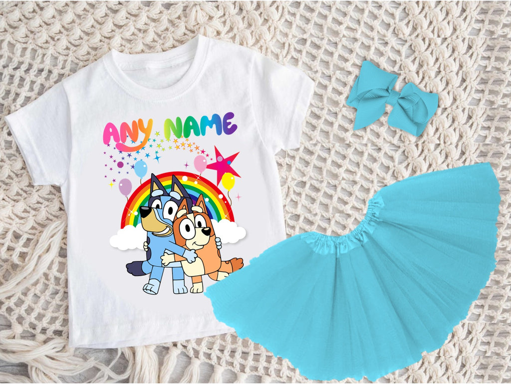 Bluey and Bingo Hug Tutu Set Girls Personalized Custom Blue 3 Layer Tutu Outfit Dress Theme Cake Smash Party