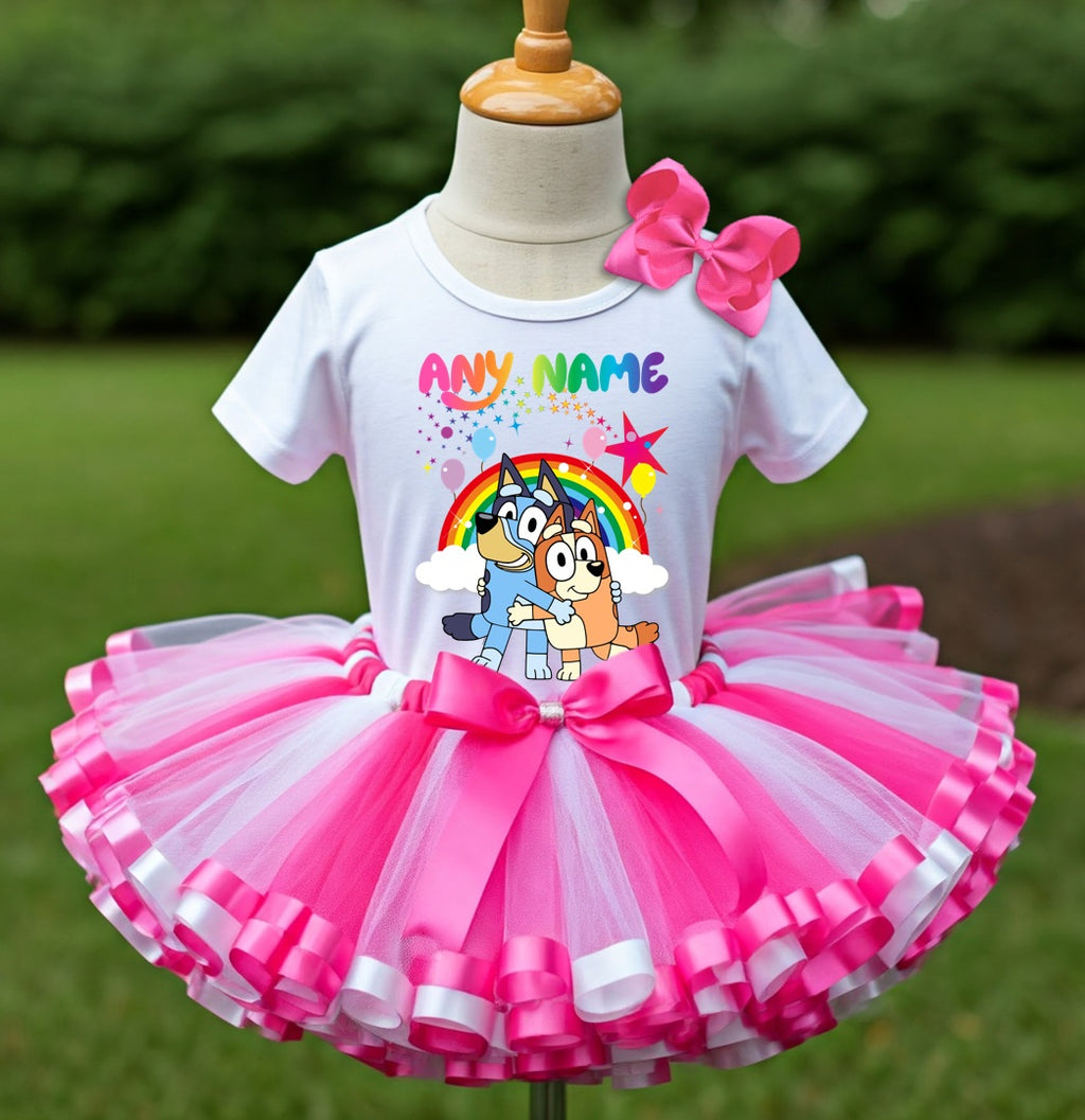 Bluey and Bingo Hug Tutu Set Girls Personalized Custom Hot Pink White Pink Ribbon Sewn Trim Tutu Outfit Dress Theme Cake Smash Party
