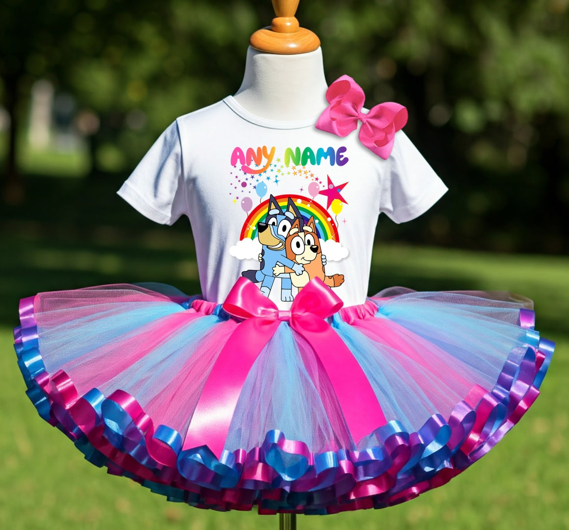 Bluey and Bingo Hug Tutu Set Girls Personalized Custom Hot Pink Blue Purple Ribbon Sewn Trim Tutu Outfit Dress Theme Cake Smash Party