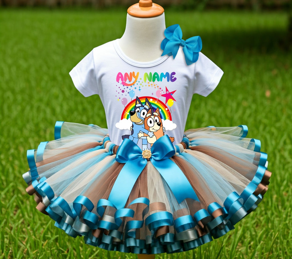 Bluey and Bingo Hug Tutu Set Girls Personalized Custom Ivory Blue Brown Ribbon Sewn Trim Tutu Outfit Dress Theme Cake Smash Party
