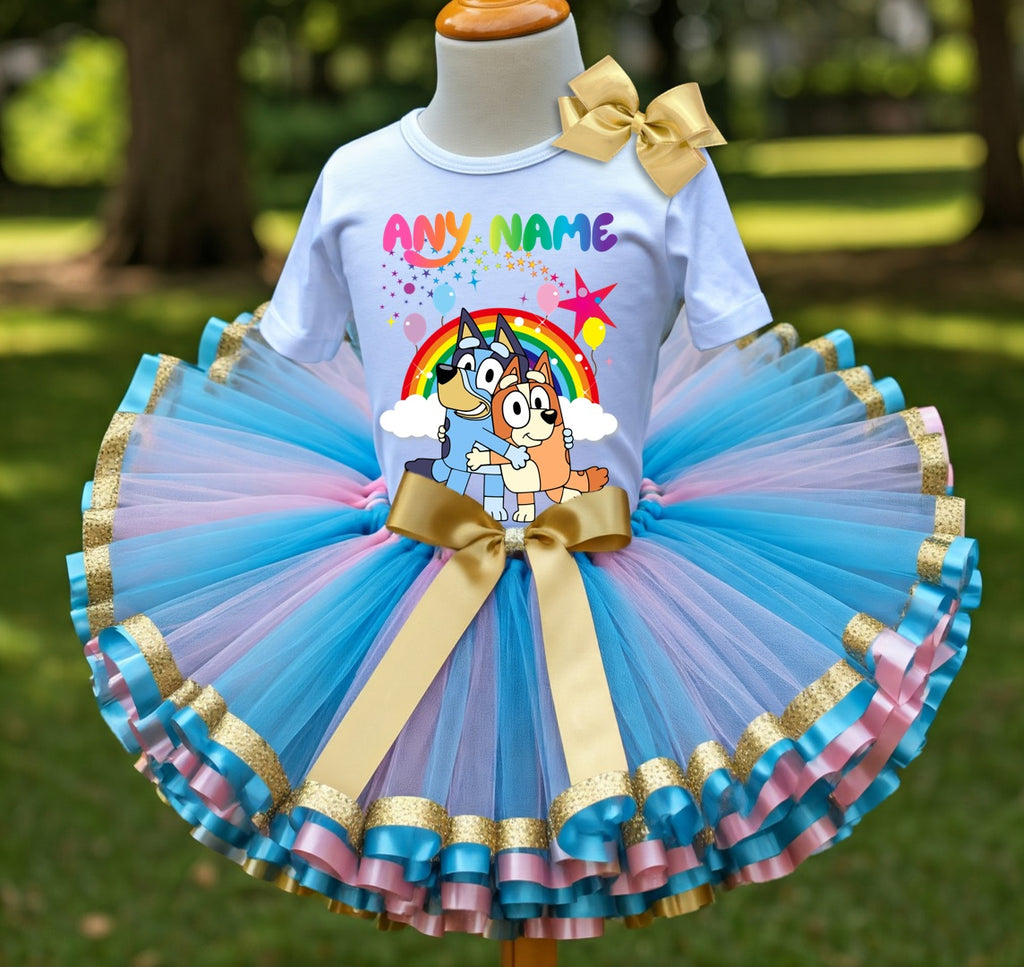 Bluey and Bingo Hug Tutu Set Girls Personalized Custom Pink Blue Gold Ribbon Sewn Trim Tutu Outfit Dress Theme Cake Smash Party