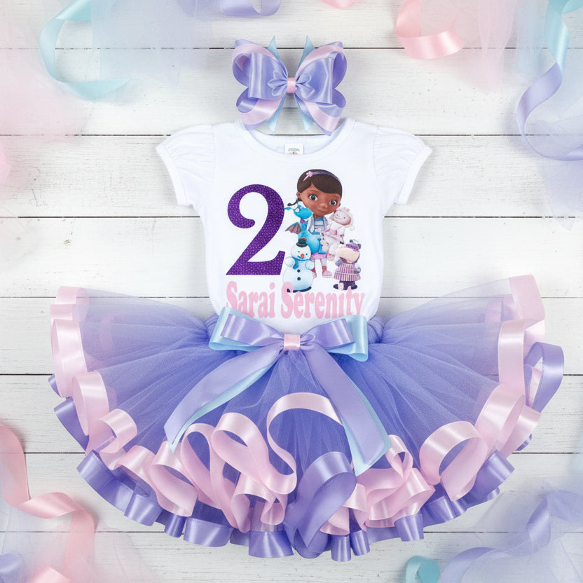 Doc McStuffins Tutu Set Girls Personalized Custom Light Purple Pink Ribbon Sewn Trim Tutu Outfit Dress Theme Cake Smash Birthday Party