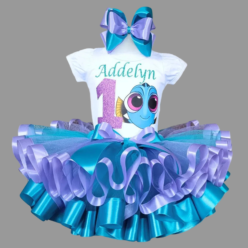 Finding Dory Tutu Set Girls Personalized Custom Blue Purple Ribbon Sewn Trim Tutu Outfit Dress Theme Cake Smash Birthday Party