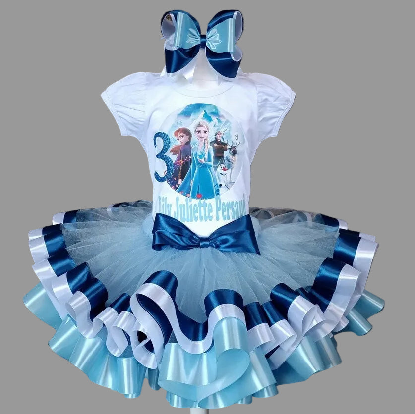 Elsa Anna Frozen Tutu Set Girls Personalized Custom Blue Light Blue Ribbon Sewn Trim Tutu Outfit Dress Theme Cake Smash Birthday Party
