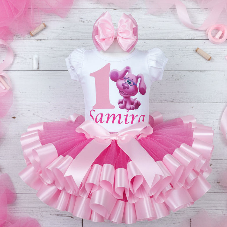 Blue's Clues Magenta Tutu Set Girls Personalized Custom Hot Pink Light Pink Ribbon Sewn Trim Tutu Outfit Dress Theme Cake Smash Birthday Party