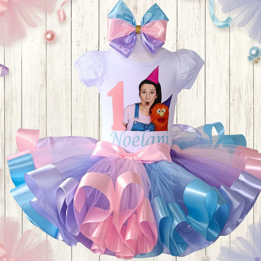 Ms Rachel Tutu Set Girls Personalized Custom Pink Purple Blue Ribbon Sewn Trim Tutu Outfit Dress Theme Cake Smash Birthday Party