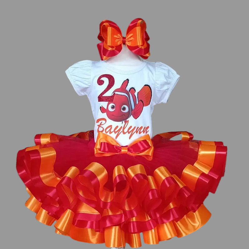Finding Nemo Tutu Set Girls Personalized Custom Red Orange Ribbon Sewn Trim Tutu Outfit Dress Theme Cake Smash Birthday Party