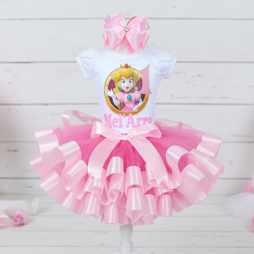 Princess Peach Tutu Set Girls Personalized Custom Pink Hot Pink Ribbon Sewn Trim Tutu Outfit Dress Theme Cake Smash Birthday Party